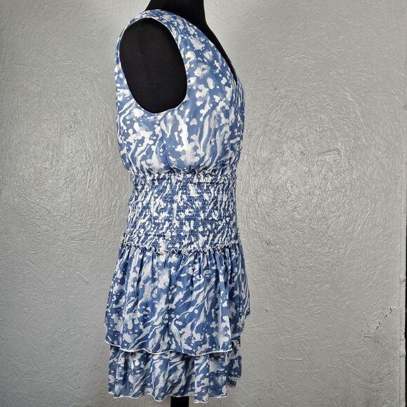 Entro Blue White Ethereal Smocked Waist Tiered Ruffled Mini Dress Sz L Romantic - Picture 8 of 14